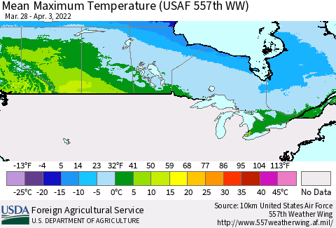 Canada Mean Maximum Temperature (USAF 557th WW) Thematic Map For 3/28/2022 - 4/3/2022