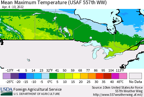 Canada Mean Maximum Temperature (USAF 557th WW) Thematic Map For 4/4/2022 - 4/10/2022