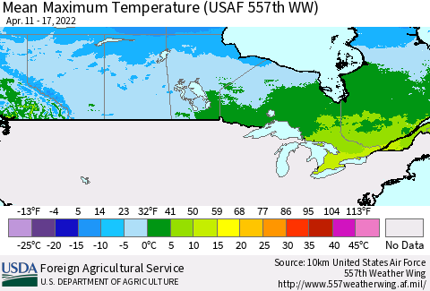 Canada Mean Maximum Temperature (USAF 557th WW) Thematic Map For 4/11/2022 - 4/17/2022
