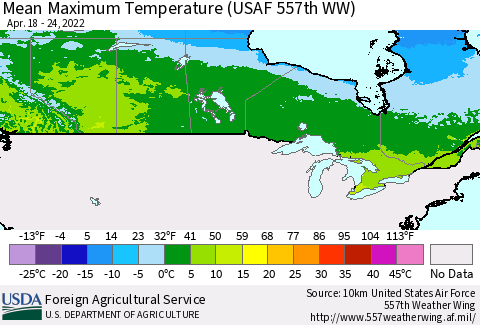 Canada Mean Maximum Temperature (USAF 557th WW) Thematic Map For 4/18/2022 - 4/24/2022