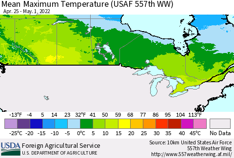 Canada Mean Maximum Temperature (USAF 557th WW) Thematic Map For 4/25/2022 - 5/1/2022
