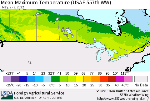 Canada Mean Maximum Temperature (USAF 557th WW) Thematic Map For 5/2/2022 - 5/8/2022