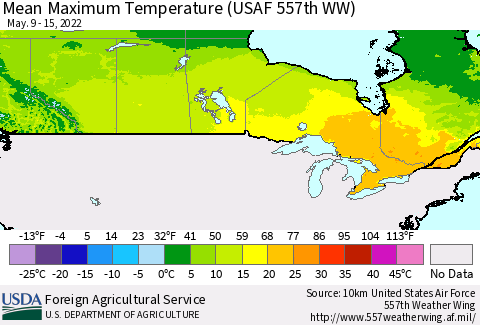 Canada Mean Maximum Temperature (USAF 557th WW) Thematic Map For 5/9/2022 - 5/15/2022