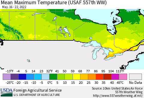 Canada Mean Maximum Temperature (USAF 557th WW) Thematic Map For 5/16/2022 - 5/22/2022