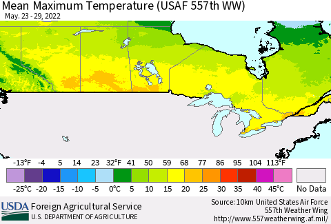 Canada Mean Maximum Temperature (USAF 557th WW) Thematic Map For 5/23/2022 - 5/29/2022