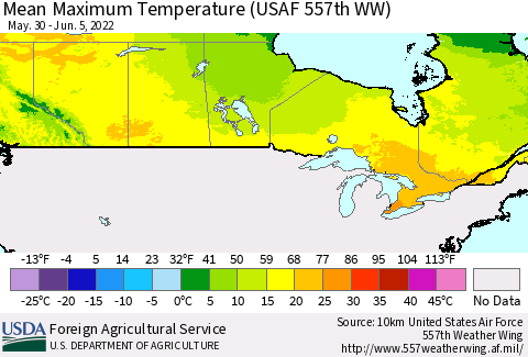 Canada Mean Maximum Temperature (USAF 557th WW) Thematic Map For 5/30/2022 - 6/5/2022