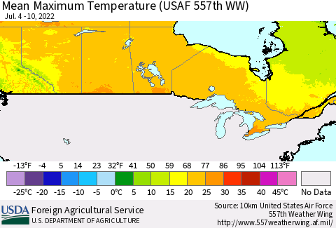 Canada Mean Maximum Temperature (USAF 557th WW) Thematic Map For 7/4/2022 - 7/10/2022