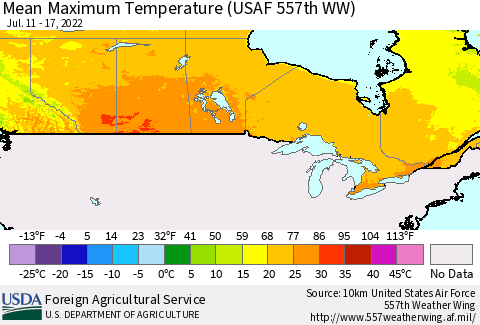 Canada Mean Maximum Temperature (USAF 557th WW) Thematic Map For 7/11/2022 - 7/17/2022