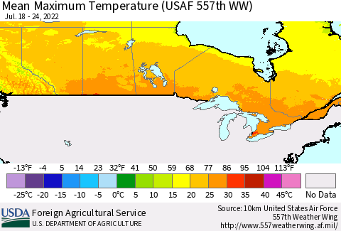 Canada Mean Maximum Temperature (USAF 557th WW) Thematic Map For 7/18/2022 - 7/24/2022