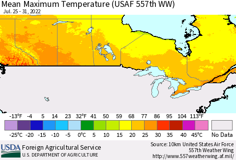 Canada Mean Maximum Temperature (USAF 557th WW) Thematic Map For 7/25/2022 - 7/31/2022