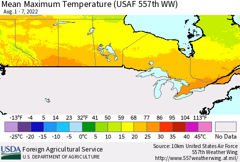 Canada Mean Maximum Temperature (USAF 557th WW) Thematic Map For 8/1/2022 - 8/7/2022