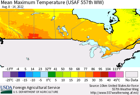 Canada Mean Maximum Temperature (USAF 557th WW) Thematic Map For 8/8/2022 - 8/14/2022