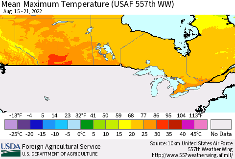 Canada Mean Maximum Temperature (USAF 557th WW) Thematic Map For 8/15/2022 - 8/21/2022