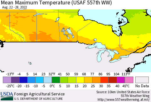 Canada Mean Maximum Temperature (USAF 557th WW) Thematic Map For 8/22/2022 - 8/28/2022