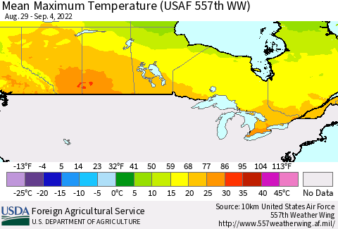 Canada Mean Maximum Temperature (USAF 557th WW) Thematic Map For 8/29/2022 - 9/4/2022