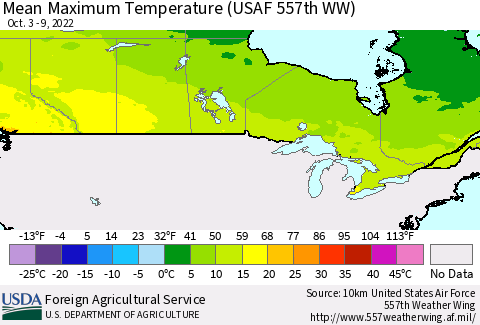 Canada Mean Maximum Temperature (USAF 557th WW) Thematic Map For 10/3/2022 - 10/9/2022