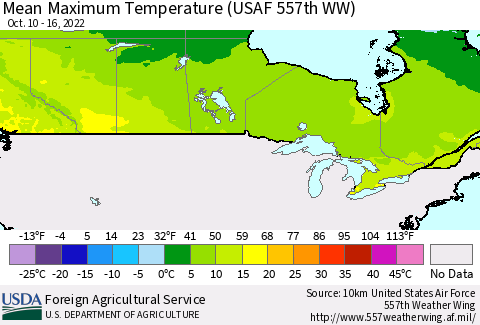Canada Mean Maximum Temperature (USAF 557th WW) Thematic Map For 10/10/2022 - 10/16/2022