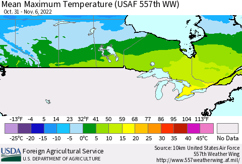 Canada Mean Maximum Temperature (USAF 557th WW) Thematic Map For 10/31/2022 - 11/6/2022