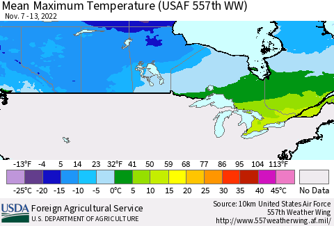 Canada Mean Maximum Temperature (USAF 557th WW) Thematic Map For 11/7/2022 - 11/13/2022