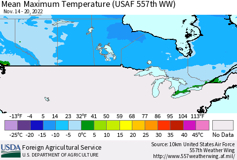 Canada Mean Maximum Temperature (USAF 557th WW) Thematic Map For 11/14/2022 - 11/20/2022