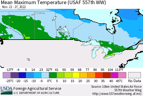 Canada Mean Maximum Temperature (USAF 557th WW) Thematic Map For 11/21/2022 - 11/27/2022