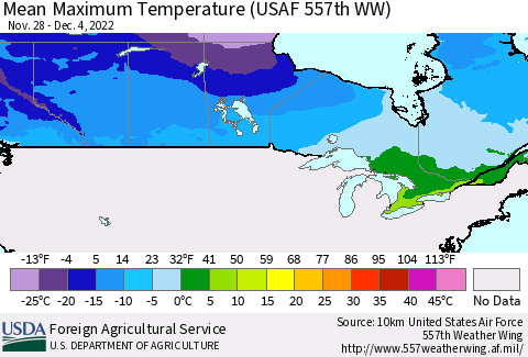 Canada Mean Maximum Temperature (USAF 557th WW) Thematic Map For 11/28/2022 - 12/4/2022