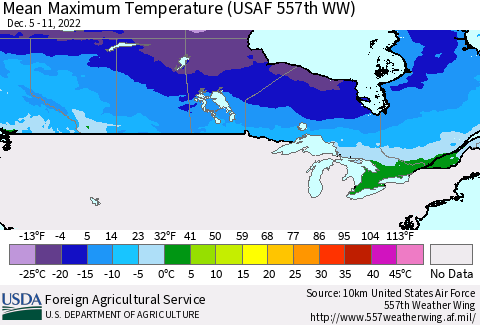 Canada Mean Maximum Temperature (USAF 557th WW) Thematic Map For 12/5/2022 - 12/11/2022