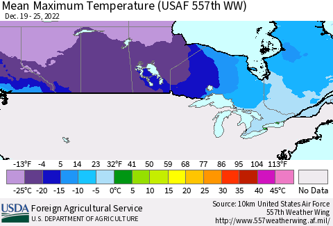Canada Mean Maximum Temperature (USAF 557th WW) Thematic Map For 12/19/2022 - 12/25/2022
