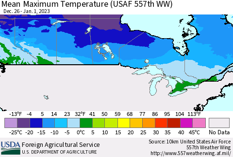 Canada Mean Maximum Temperature (USAF 557th WW) Thematic Map For 12/26/2022 - 1/1/2023