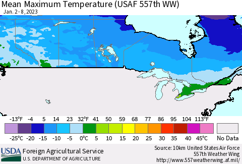 Canada Mean Maximum Temperature (USAF 557th WW) Thematic Map For 1/2/2023 - 1/8/2023