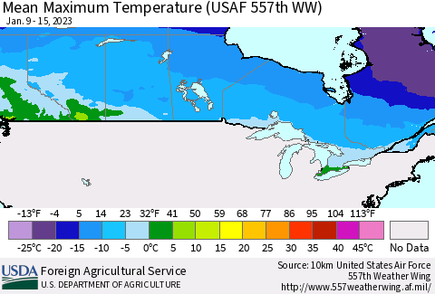 Canada Mean Maximum Temperature (USAF 557th WW) Thematic Map For 1/9/2023 - 1/15/2023