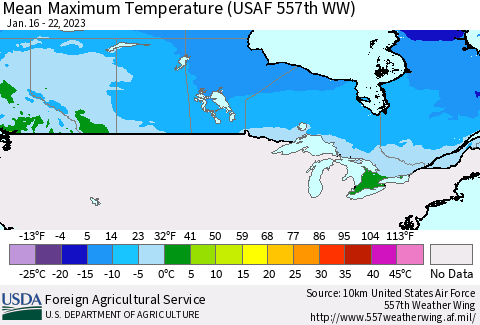 Canada Mean Maximum Temperature (USAF 557th WW) Thematic Map For 1/16/2023 - 1/22/2023