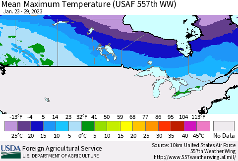 Canada Mean Maximum Temperature (USAF 557th WW) Thematic Map For 1/23/2023 - 1/29/2023