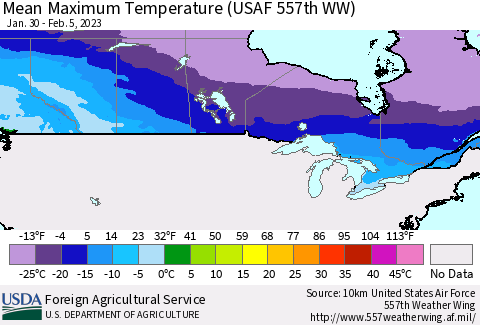 Canada Mean Maximum Temperature (USAF 557th WW) Thematic Map For 1/30/2023 - 2/5/2023