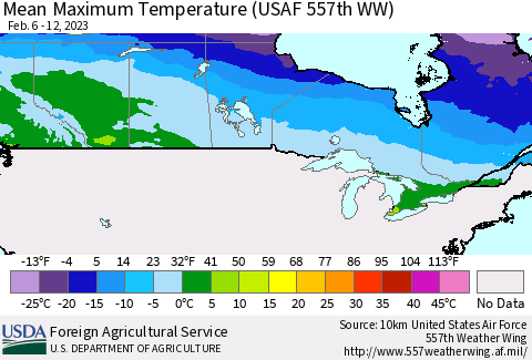 Canada Mean Maximum Temperature (USAF 557th WW) Thematic Map For 2/6/2023 - 2/12/2023