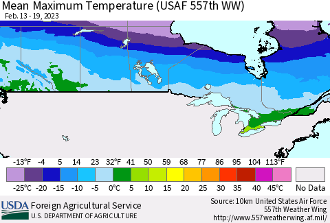 Canada Mean Maximum Temperature (USAF 557th WW) Thematic Map For 2/13/2023 - 2/19/2023