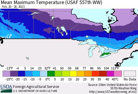 Canada Mean Maximum Temperature (USAF 557th WW) Thematic Map For 2/20/2023 - 2/26/2023