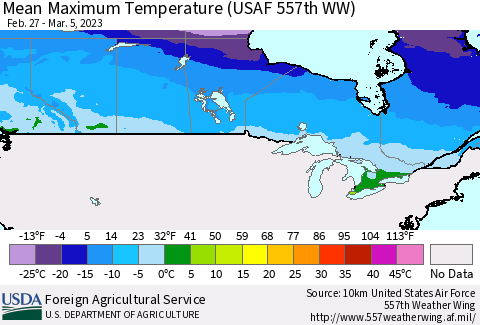 Canada Mean Maximum Temperature (USAF 557th WW) Thematic Map For 2/27/2023 - 3/5/2023