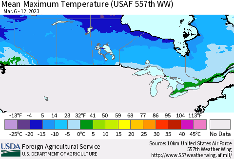 Canada Mean Maximum Temperature (USAF 557th WW) Thematic Map For 3/6/2023 - 3/12/2023