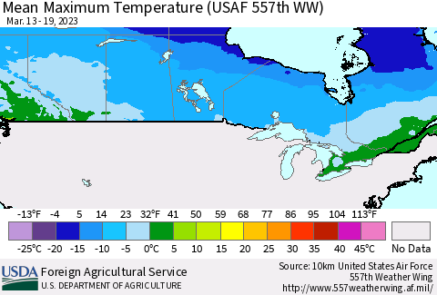 Canada Mean Maximum Temperature (USAF 557th WW) Thematic Map For 3/13/2023 - 3/19/2023