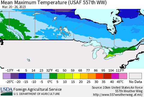 Canada Mean Maximum Temperature (USAF 557th WW) Thematic Map For 3/20/2023 - 3/26/2023