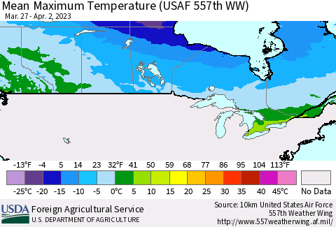 Canada Mean Maximum Temperature (USAF 557th WW) Thematic Map For 3/27/2023 - 4/2/2023