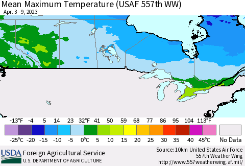 Canada Mean Maximum Temperature (USAF 557th WW) Thematic Map For 4/3/2023 - 4/9/2023