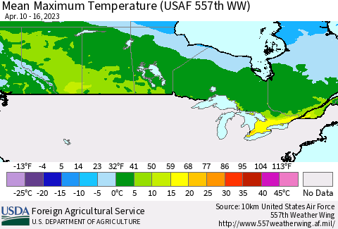 Canada Mean Maximum Temperature (USAF 557th WW) Thematic Map For 4/10/2023 - 4/16/2023