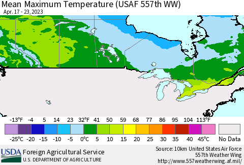 Canada Mean Maximum Temperature (USAF 557th WW) Thematic Map For 4/17/2023 - 4/23/2023
