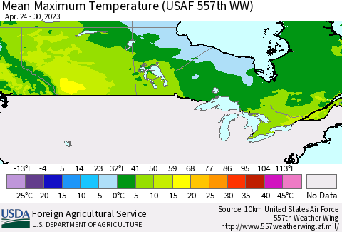 Canada Mean Maximum Temperature (USAF 557th WW) Thematic Map For 4/24/2023 - 4/30/2023