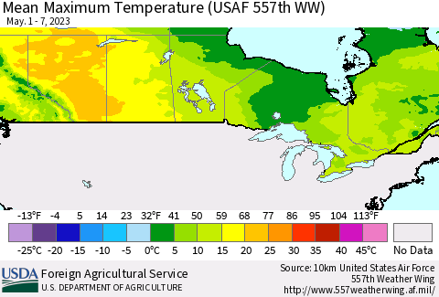 Canada Mean Maximum Temperature (USAF 557th WW) Thematic Map For 5/1/2023 - 5/7/2023