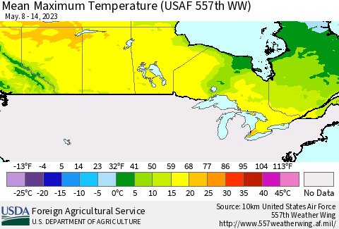 Canada Mean Maximum Temperature (USAF 557th WW) Thematic Map For 5/8/2023 - 5/14/2023