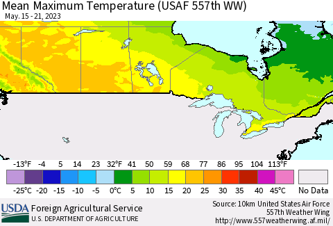 Canada Mean Maximum Temperature (USAF 557th WW) Thematic Map For 5/15/2023 - 5/21/2023