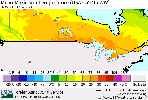 Canada Mean Maximum Temperature (USAF 557th WW) Thematic Map For 5/29/2023 - 6/4/2023